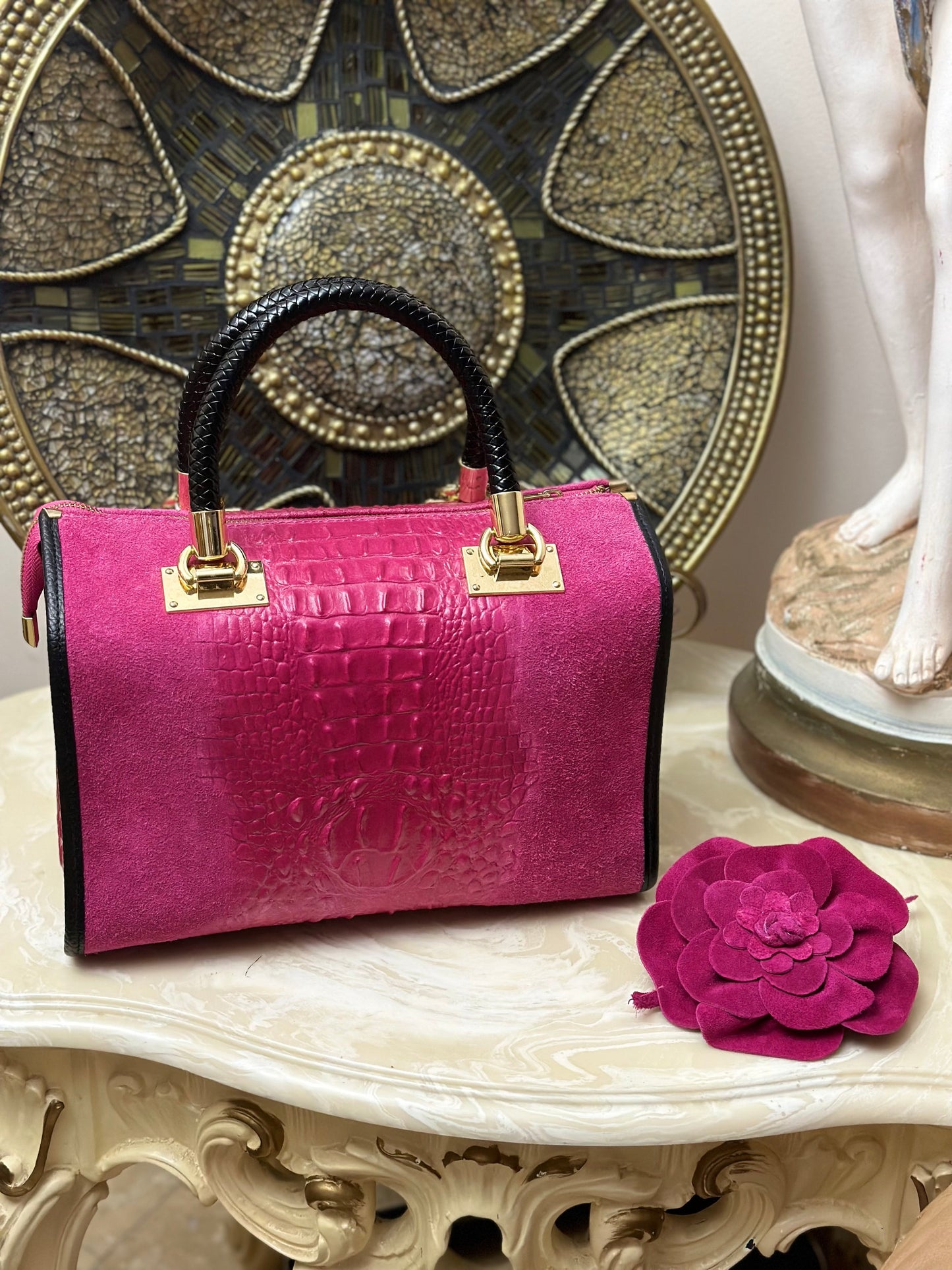 Suede Croc Emboss Italian Leather Handbag